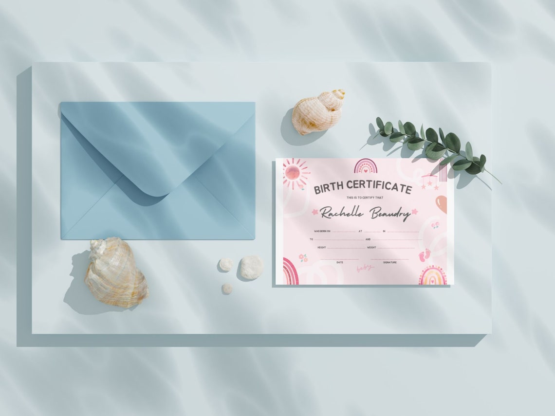 Editable Baby Birth Certificate Template Pink Boho Rainbow Canva Print - Image 2