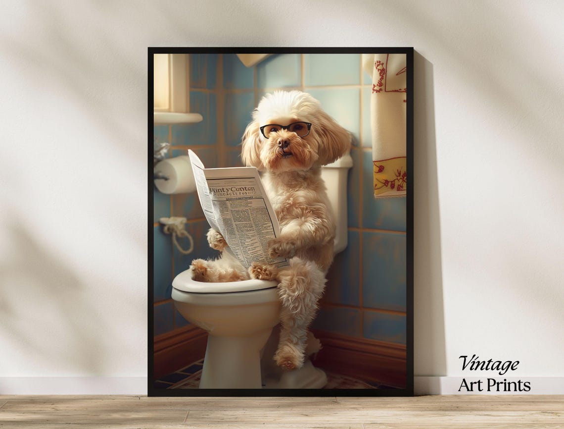 Funny Fluffy Dog with Glasses Reading Newspaper Bathroom Poster