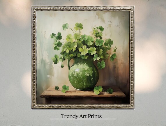 Vintage Green Pitcher of Shamrocks Rustic Still Life Art Print