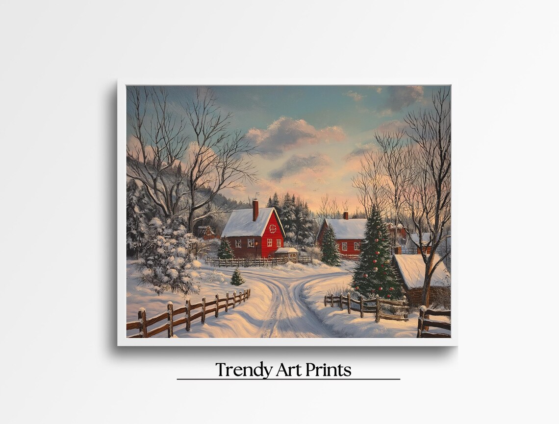Snowy Christmas Village Farmhouse Red Barn Winter Landscape Poster - Image 8