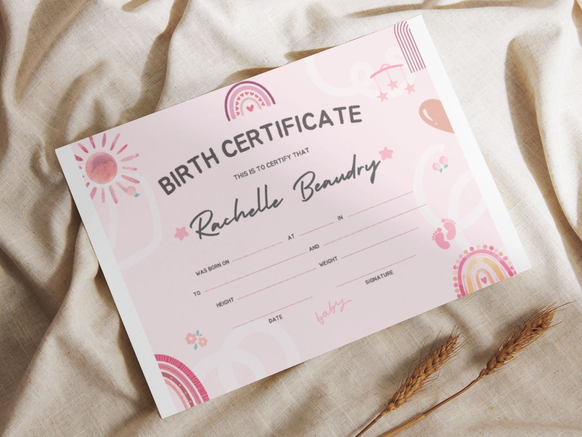 Editable Baby Birth Certificate Template Pink Boho Rainbow Canva Print - Image 7