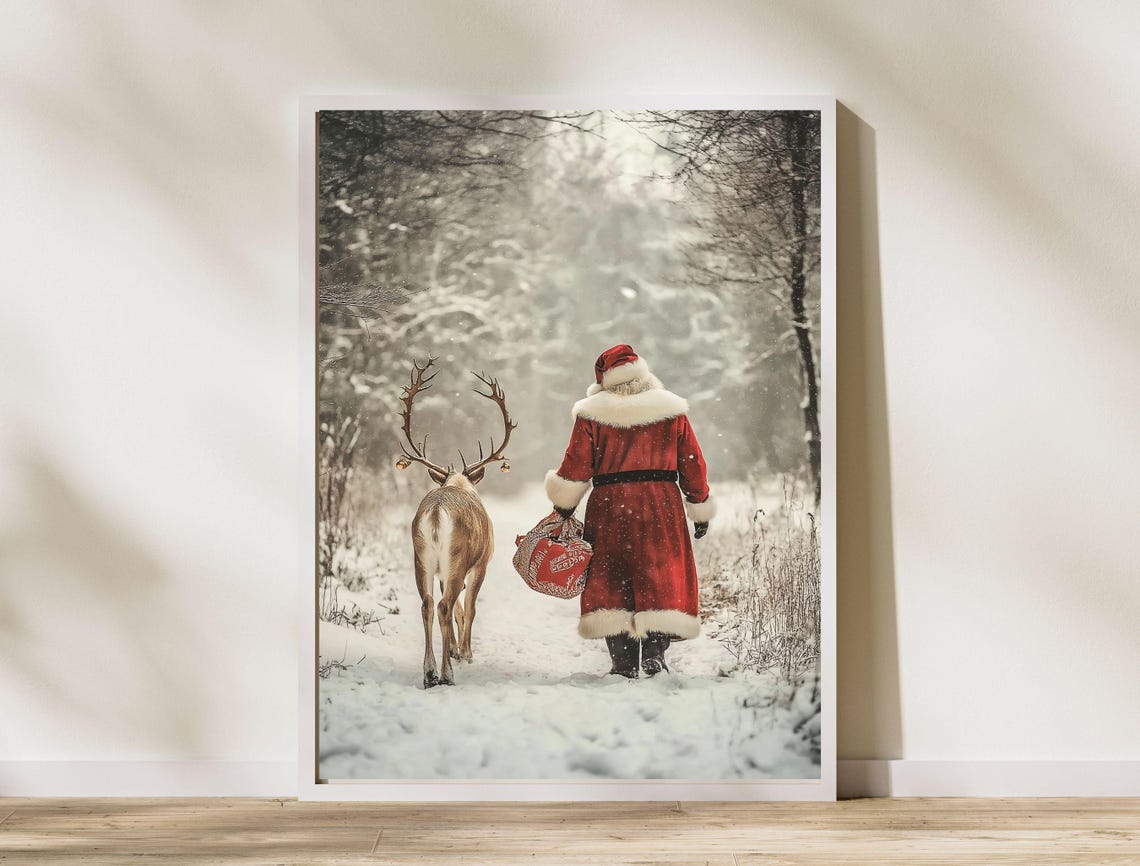 Santa Claus and Reindeer Walking in Snowy Winter Forest Art Poster - Image 8