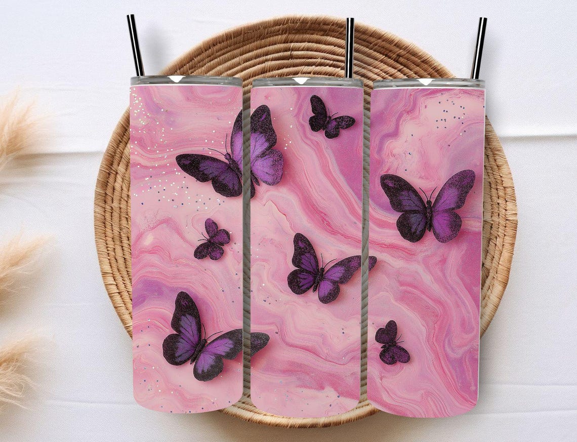 Purple Butterfly Pink Marble Glitter Tumbler Wrap Design Print - Image 8