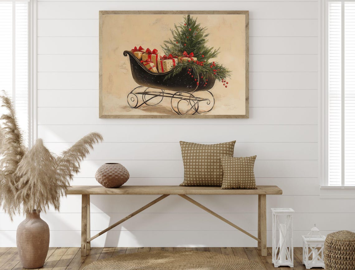 Vintage Christmas Sleigh with Gifts and Tree Rustic Holiday Poster - Image 6