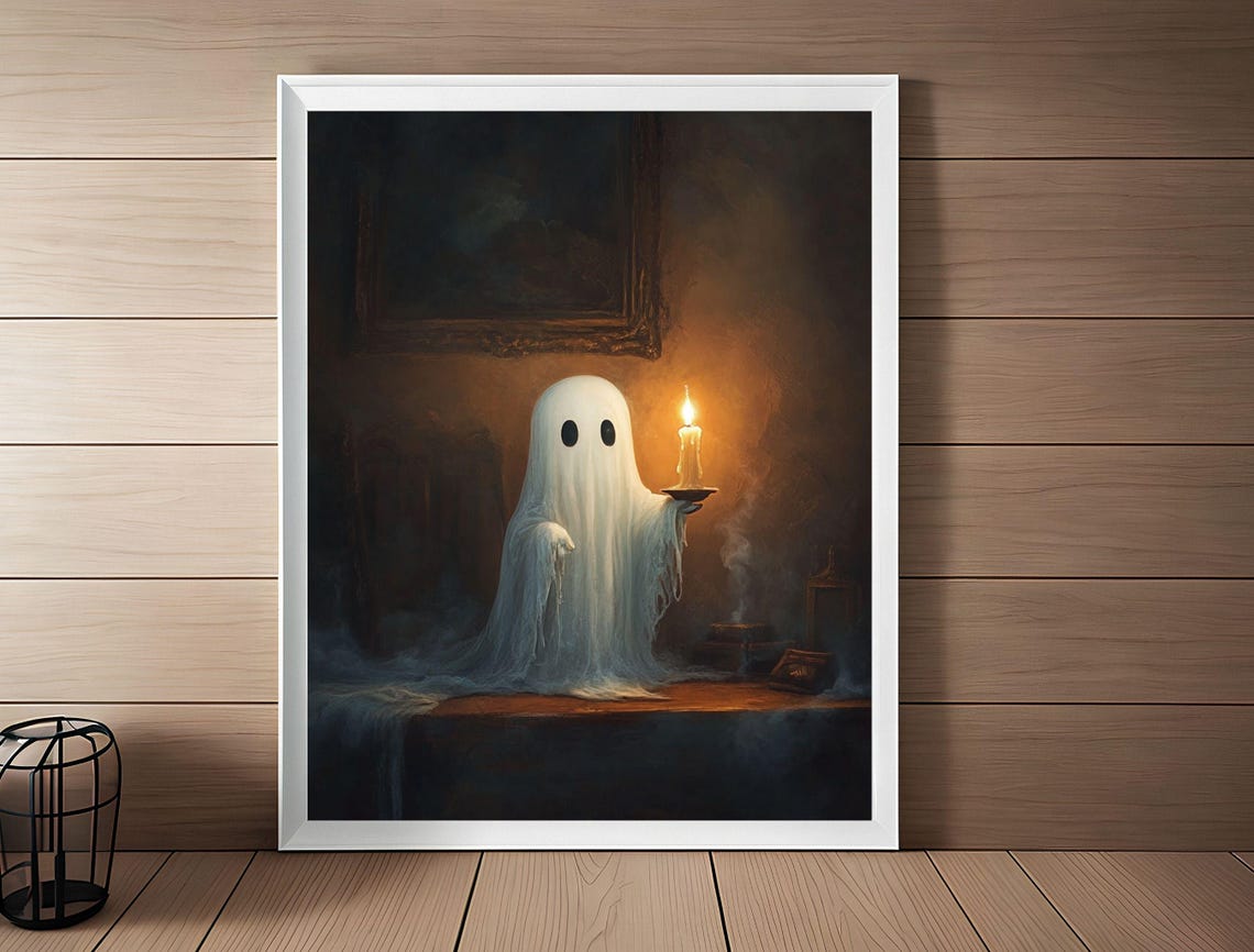 Cute Small Ghost Holding Candle Victorian Panting Dark Academia Room Decor Instant Spooky Halloween Ghost Art - Image 5