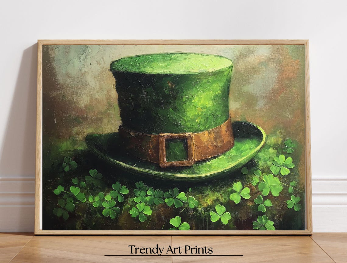 Lucky Green Leprechaun Top Hat Shamrock Field Irish Art Print - Image 8