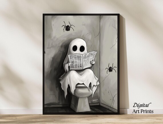 Funny Ghost Reading Newspaper on Toilet Bathroom Humor Poster