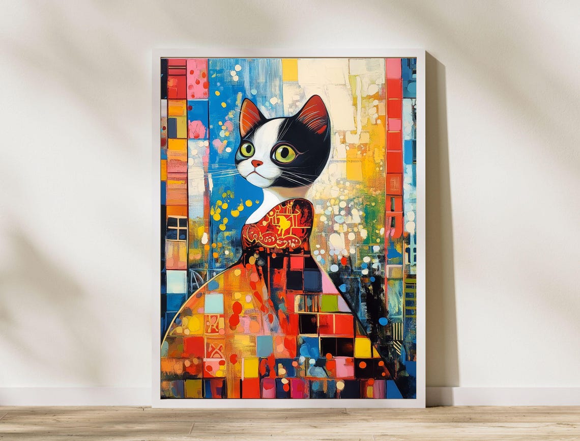 Colorful Mosaic Tuxedo Cat Abstract Patchwork Portrait Art Print - Image 8
