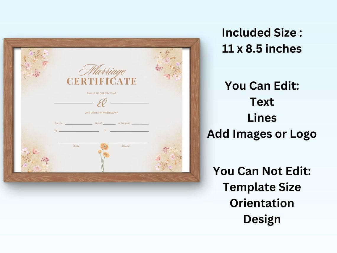 Editable Marriage Certificate Template Floral Wedding Keepsake Print - Image 7