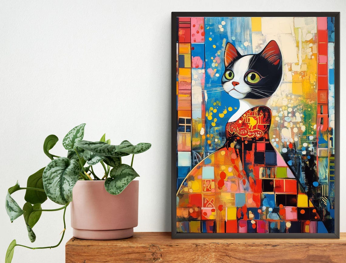Colorful Mosaic Tuxedo Cat Abstract Patchwork Portrait Art Print - Image 6