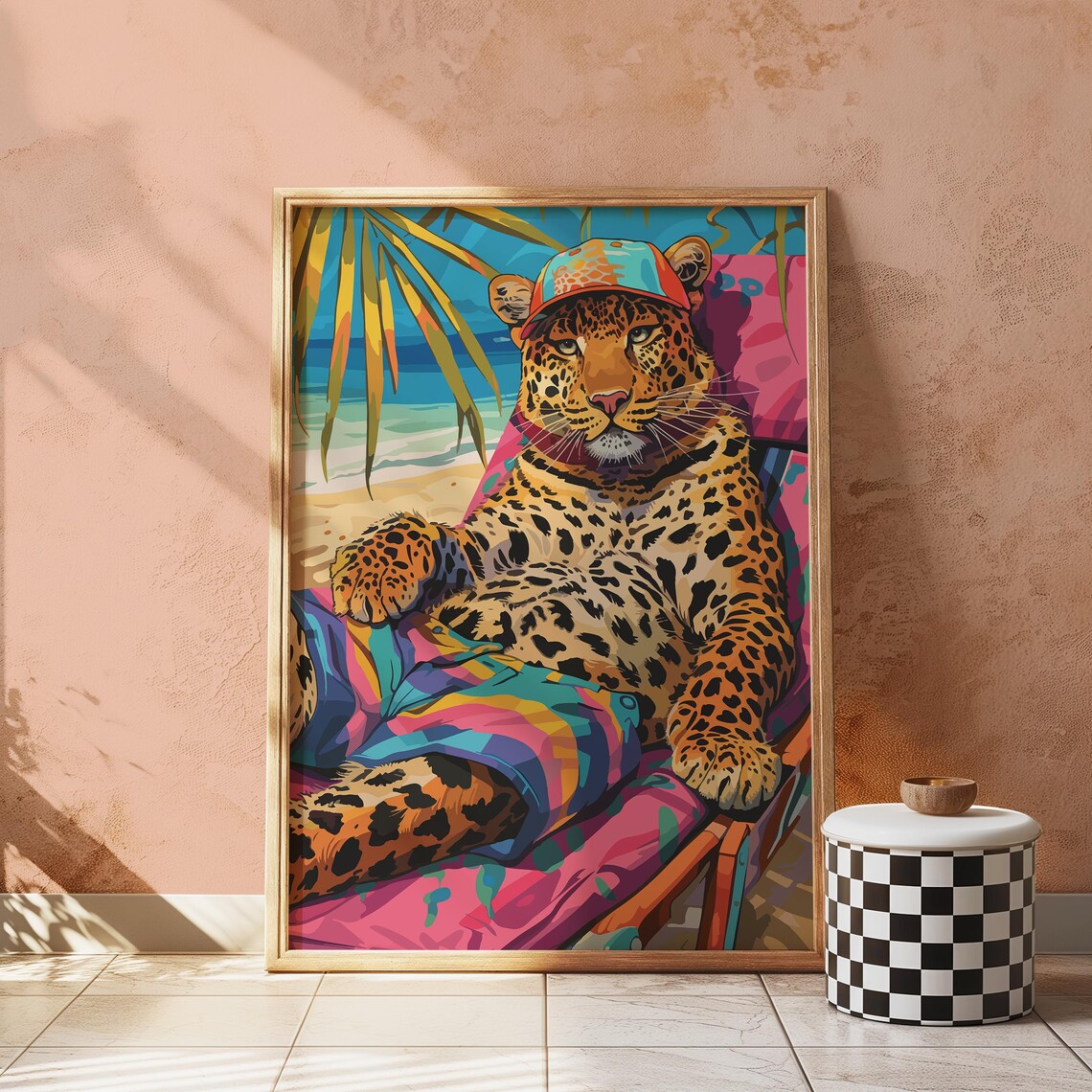 Leopard in Cap and Swim Shorts Beach Chair Tropical Funky Poster - Image 4