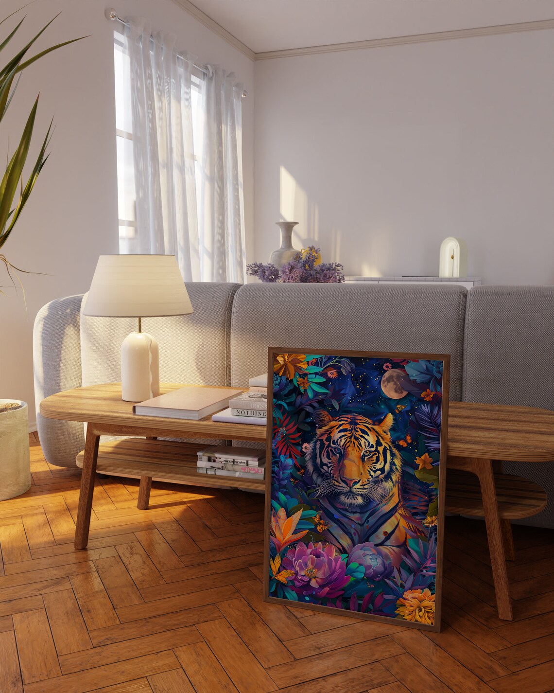 Tiger in Moonlit Tropical Flowers Night Maximalist Tiger Wall Art - Image 2