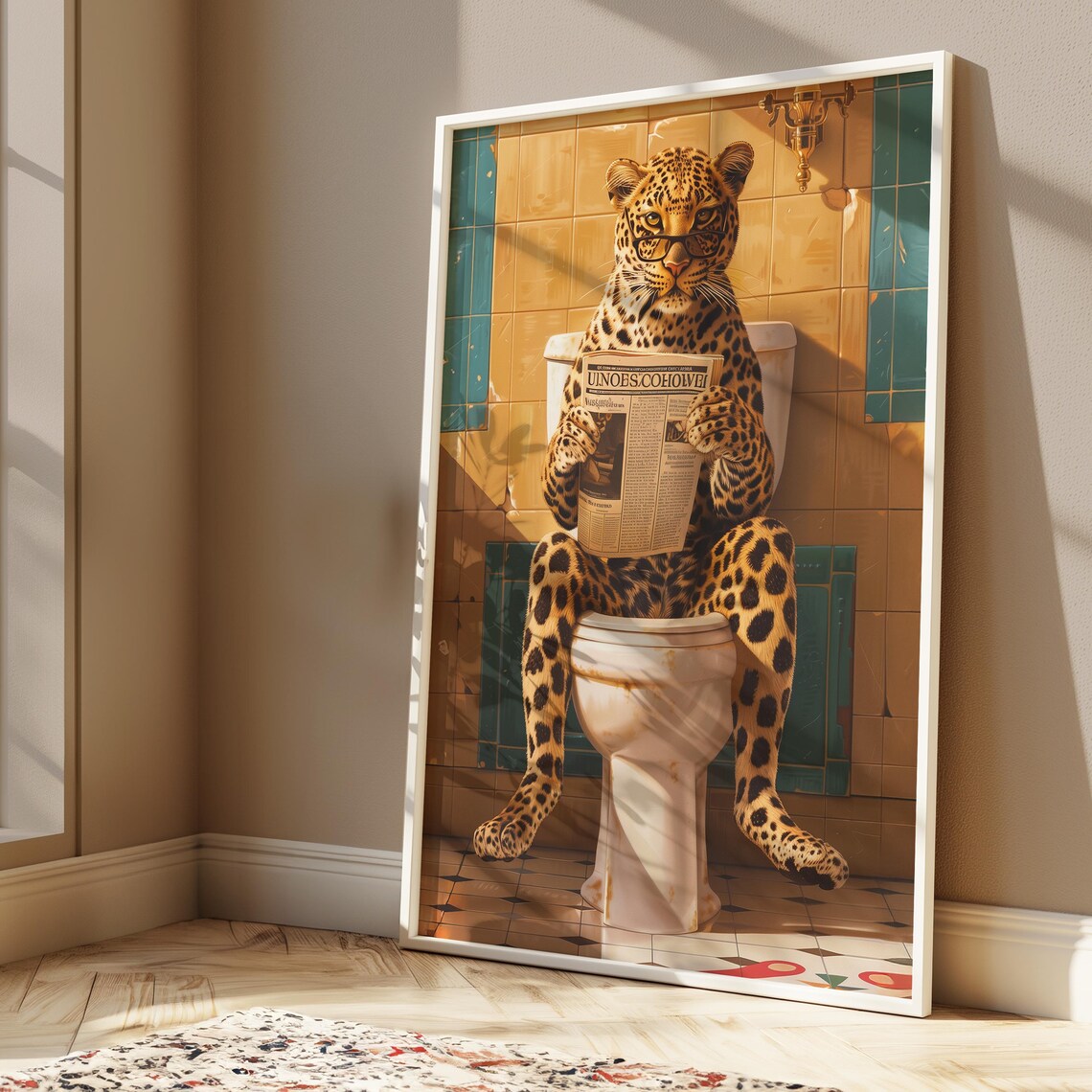 Leopard Reading Newspaper on Toilet Funny Bathroom Leopard Poster - Image 2