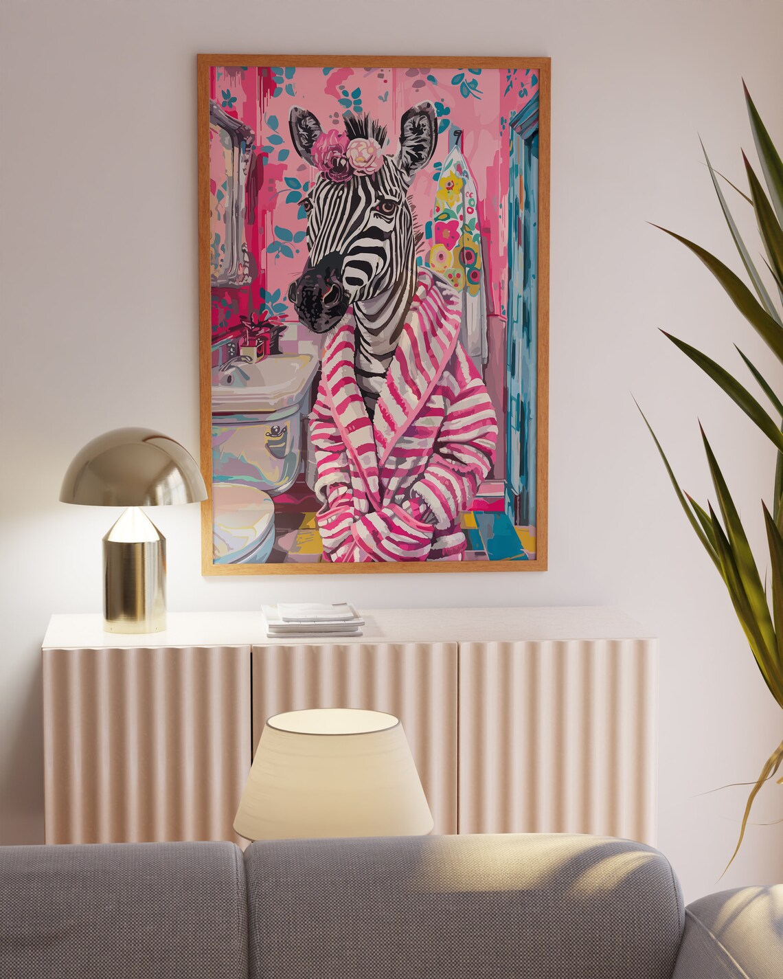 Funny Zebra in Pink Striped Robe Flower Crown Bathroom Poster - Image 3