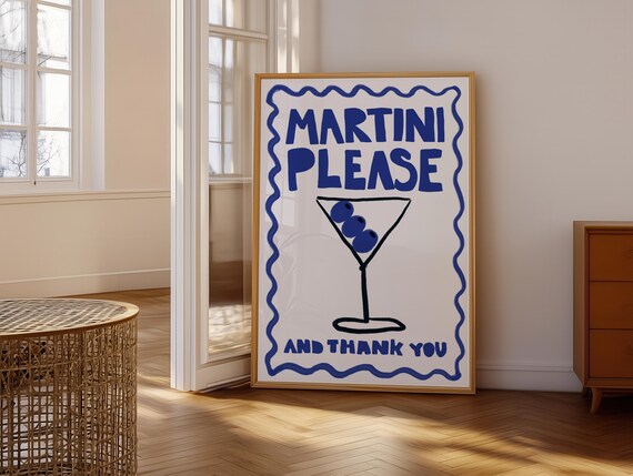 Martini Please And Thank You Blue Cocktail Bar Cart Art Poster