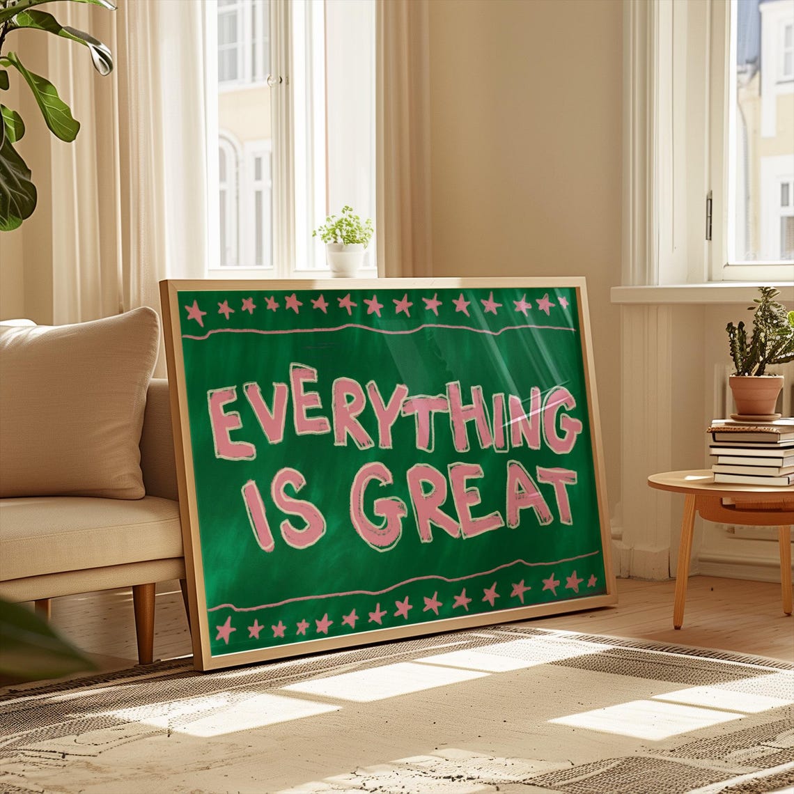 Everything Is Great Green Chalkboard Pink Stars Playful Wall Poster