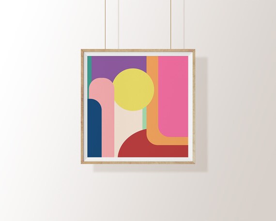 Colorful Geometric Abstract Art Print Fun Modern Vibrant Shapes Scandinavian Mid Century Home Decor Large Square Poster Wall Art