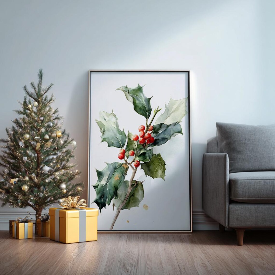 Christmas Holly Branch With Red Berries Watercolor Holiday Poster