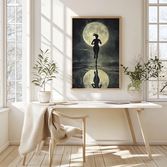 Woman Running Under Full Moon Silhouette Poster Night Water Scene