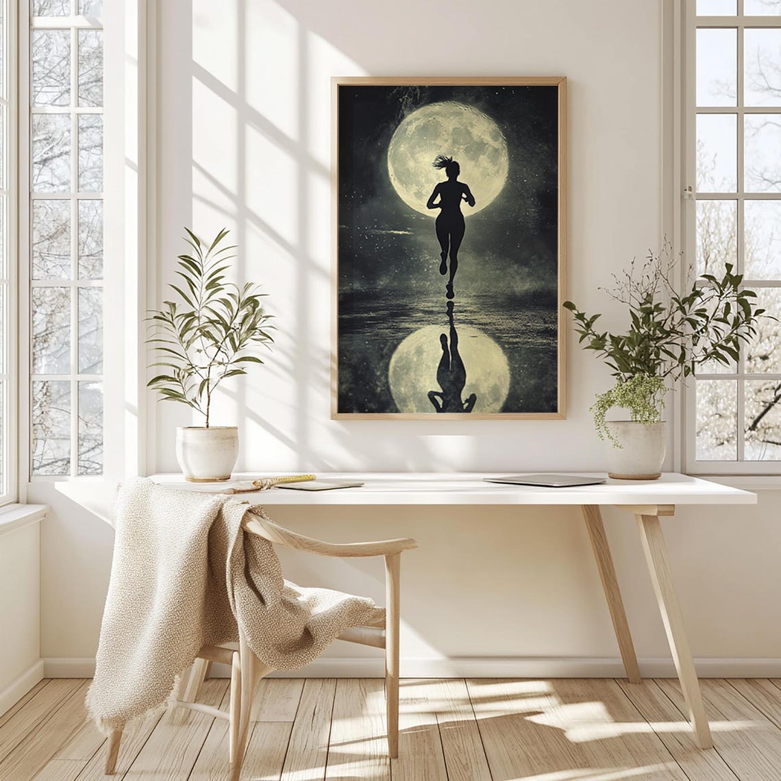 Woman Running Under Full Moon Silhouette Poster Night Water Scene