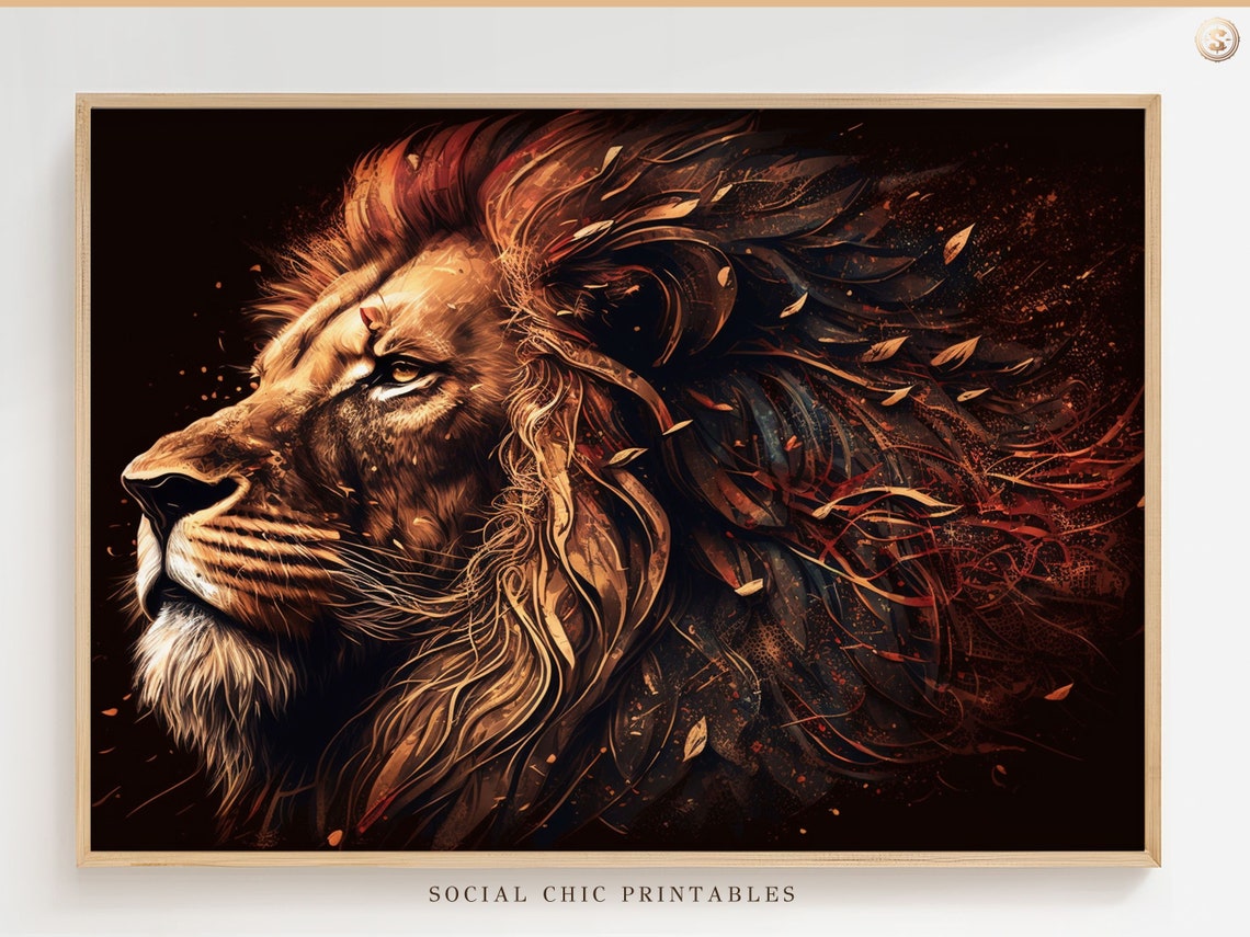 Majestic Lion Profile Poster in Fiery Copper Tones on Black Background
