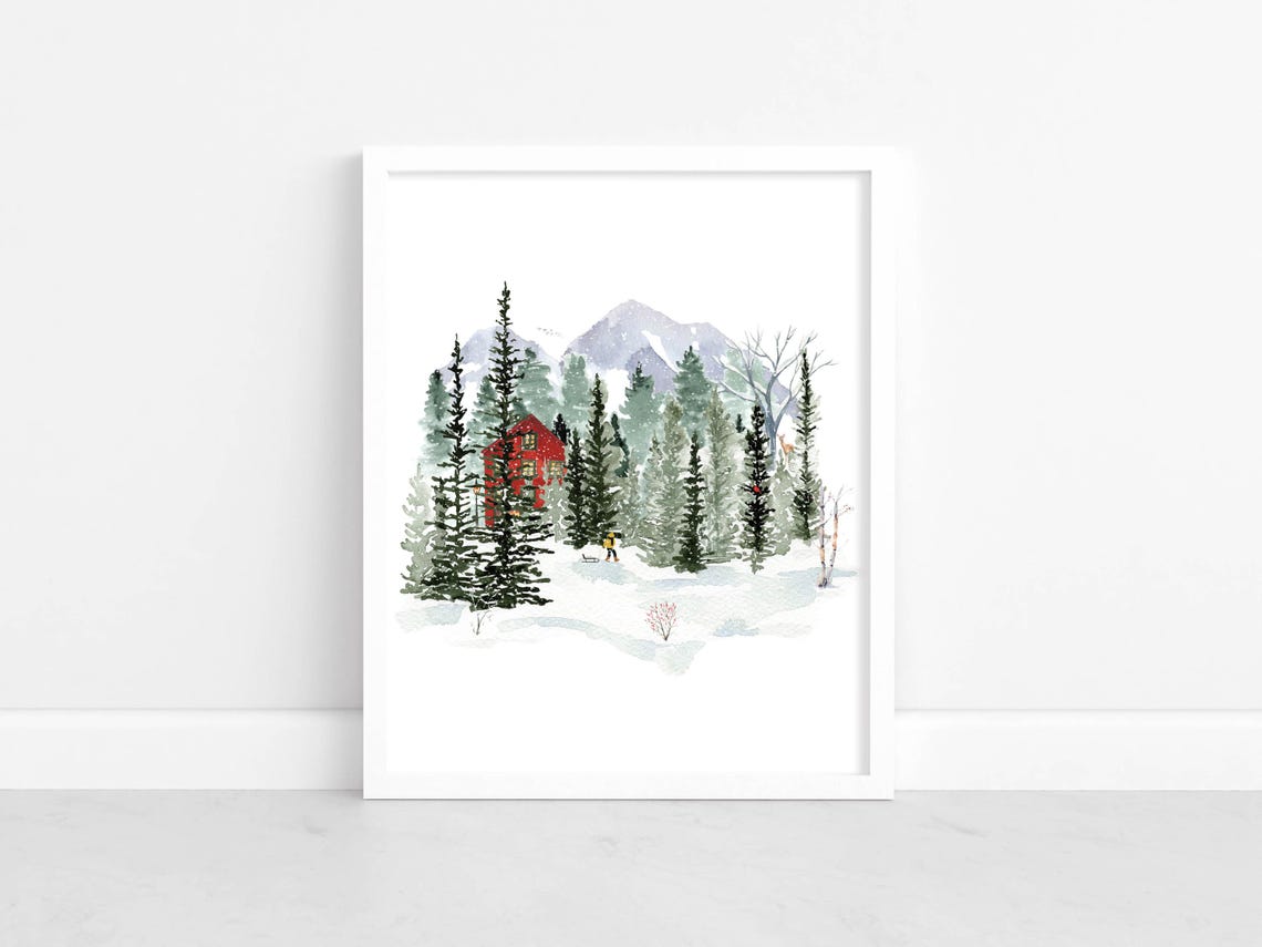 Snowy Red Cabin Watercolor Mountain Woodland Winter Landscape Poster - Image 2