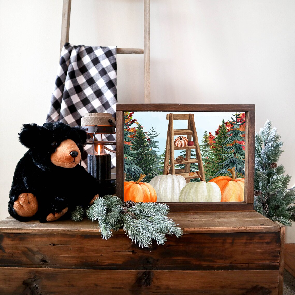 Wooden Ladder with Pumpkins Fall Forest Harvest Scene Wall Poster - Image 3