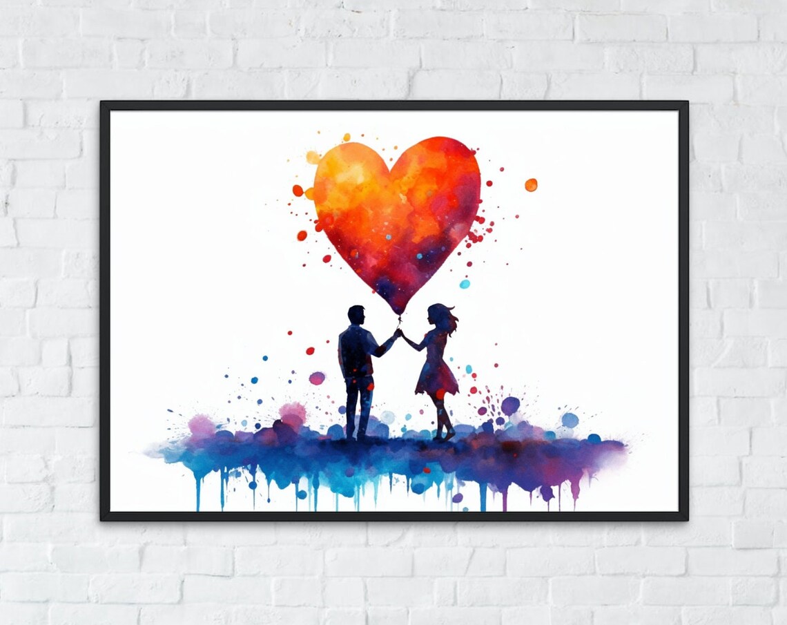 Romantic Couple Heart Balloon Watercolor Silhouette Love Art Poster
