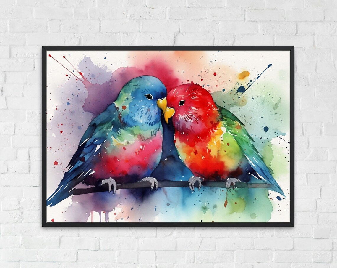 Colorful Lovebirds Watercolor Pair Parrots Romantic Bird Art Poster