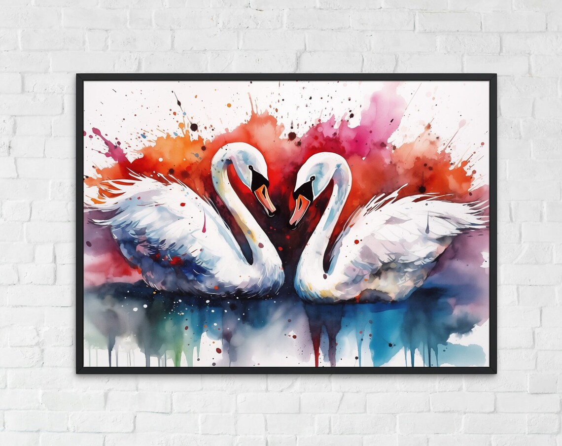 Two White Swans Watercolor Heart Necks Romantic Love Birds Poster