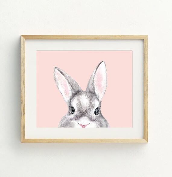 Cute Gray Bunny Face Peach Nursery Watercolor Rabbit Portrait Art Print