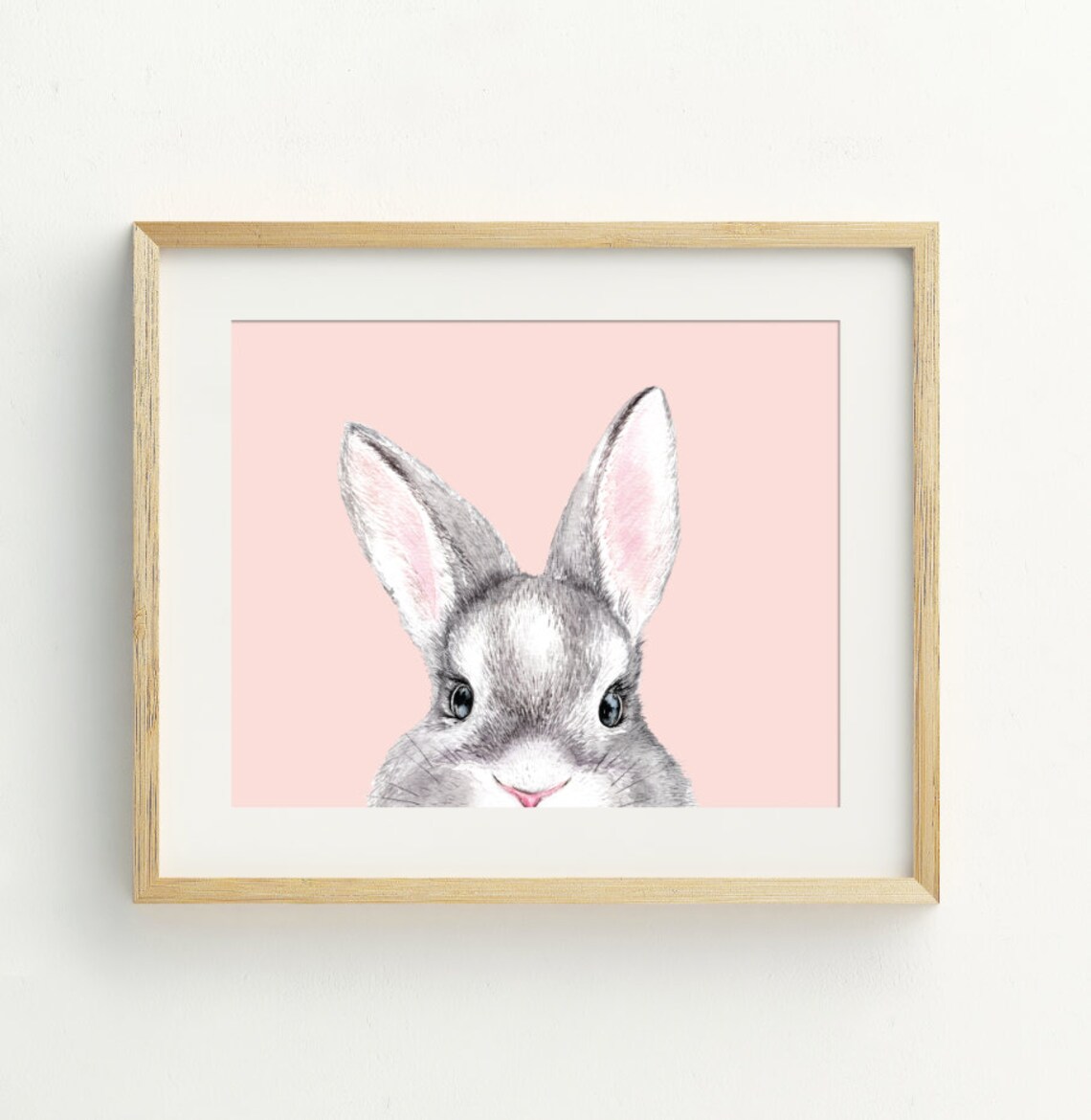 Cute Gray Bunny Face Peach Nursery Watercolor Rabbit Portrait Art Print