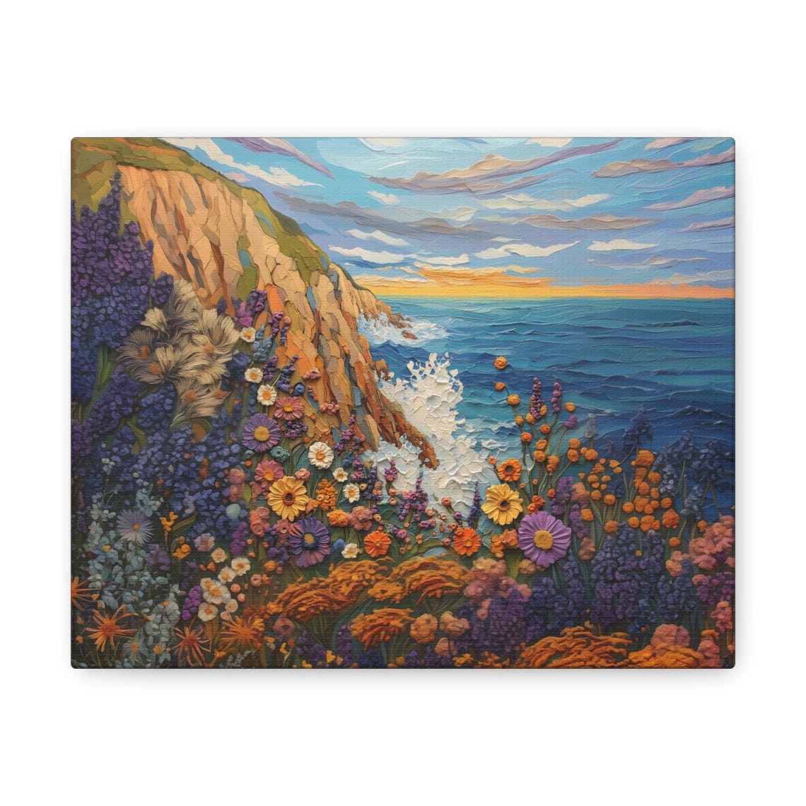 Colorful Impasto Coastal Cliffs Wildflower Oil Painting Print - Image 2