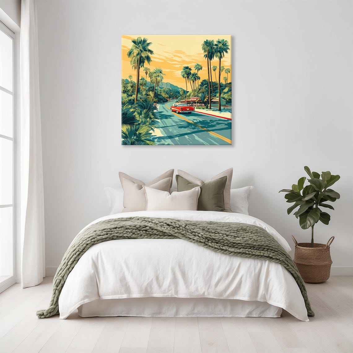Vintage Red Car Cruising Down Palm Lined Road At Sunset Poster
