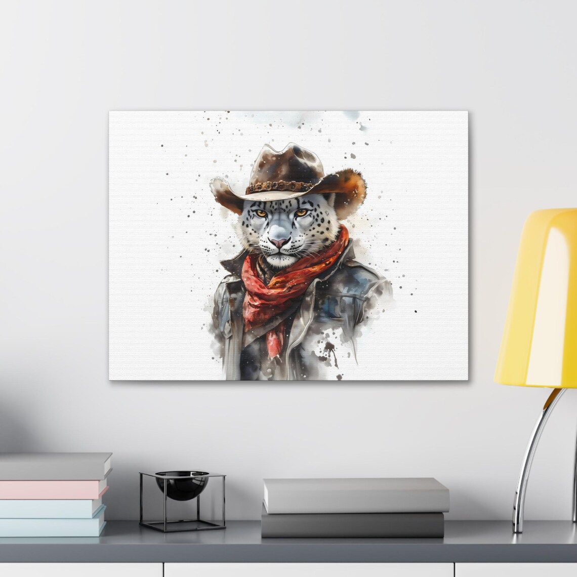Wild Snow Leopard Cowboy Watercolor Close Up Portrait Western Cat Poster - Image 2
