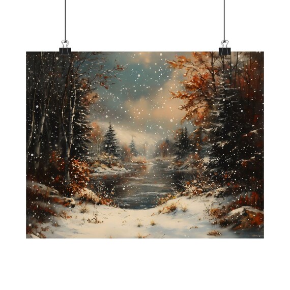 Orange Autumn Trees Along A Snowy Stream In First Winter Snowfall Poster