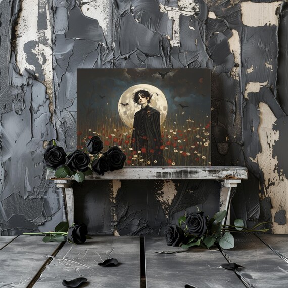 Vampire Standing Before a Full Moon with Bats in Wildflowers Gothic Poster