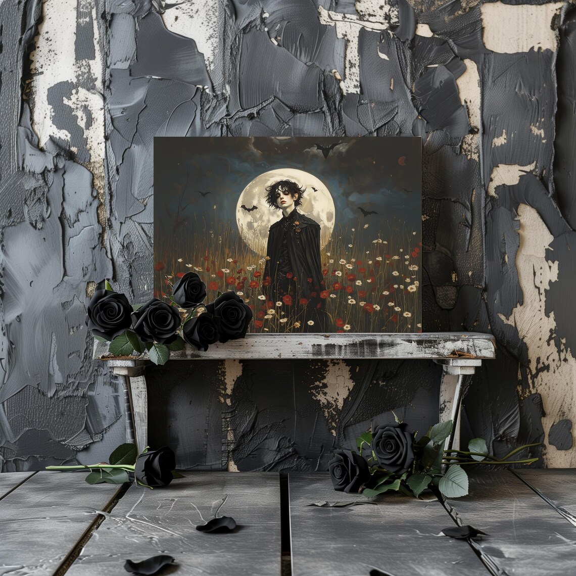 Vampire Standing Before a Full Moon with Bats in Wildflowers Gothic Poster