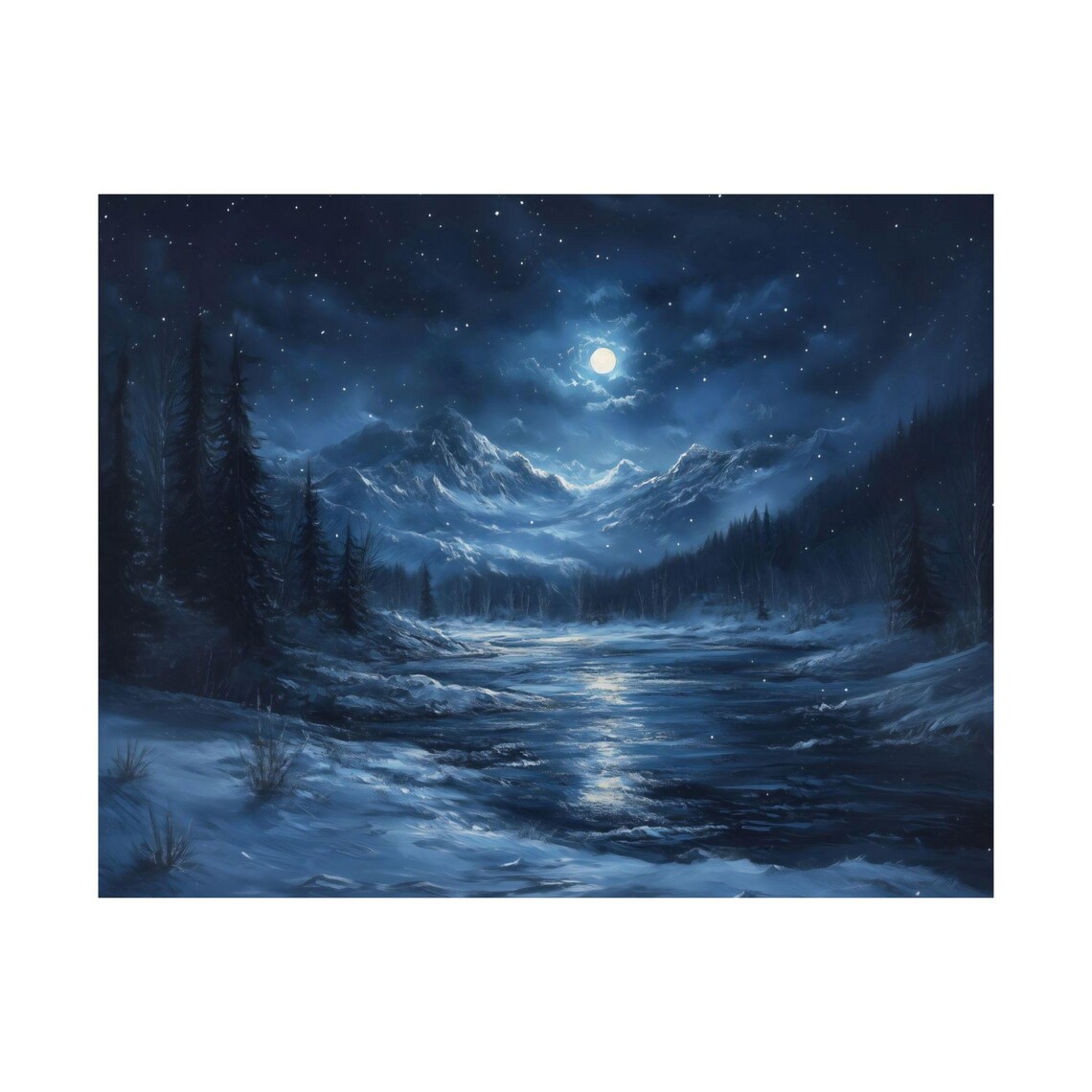 Full Moon Over Snowy Mountain Valley With Starry Sky And River Wall Art - Image 3
