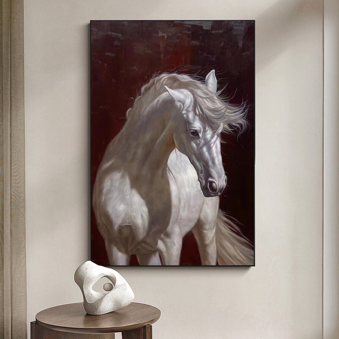 White Horse Portrait On Dark Red Oil Painting Equestrian Poster - Image 3
