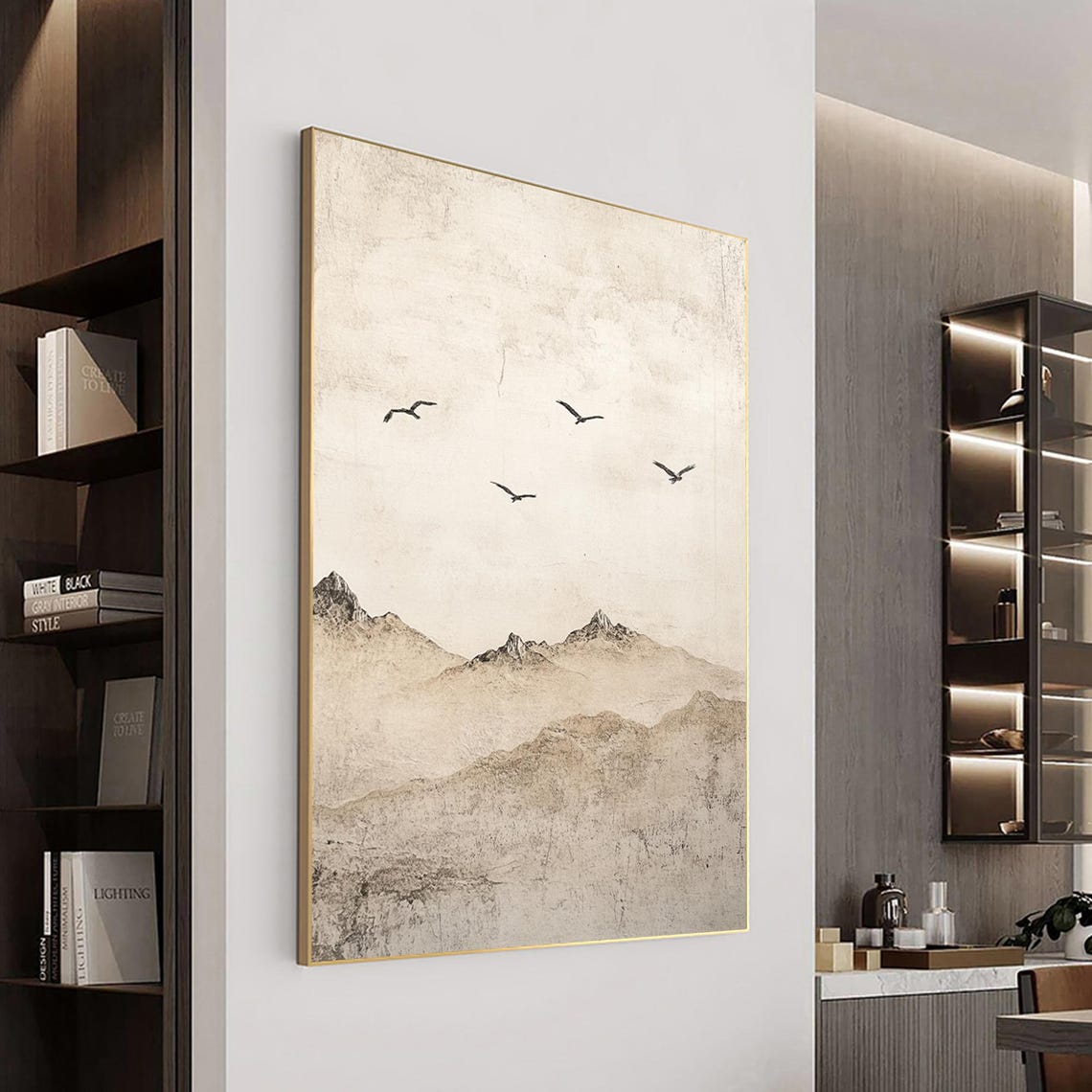 Minimalist Mountain Peaks Birds Flying Beige Ink Wash Style Poster - Image 3