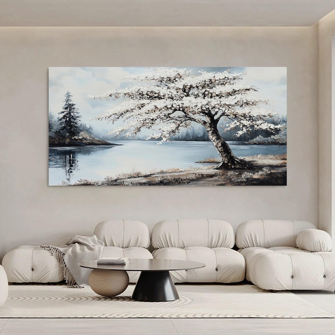Snow Covered Tree Beside Calm Lake Winter Landscape Painting Poster - Image 2