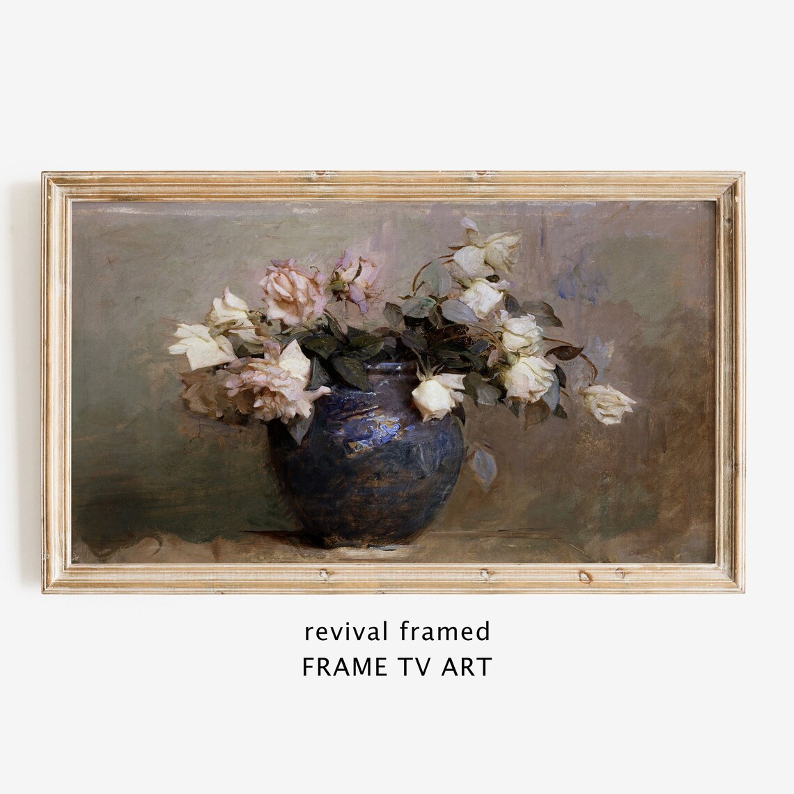 White Roses in Blue Vase Vintage Floral Still Life Oil Painting Poster