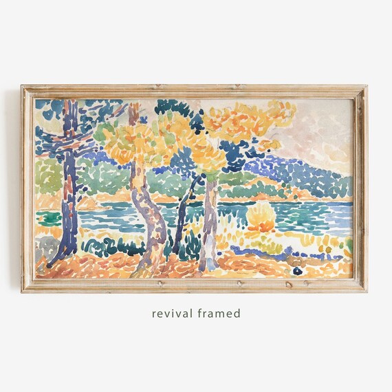 Pointillist Pines by Lake Colorful Watercolor Landscape Vintage Poster