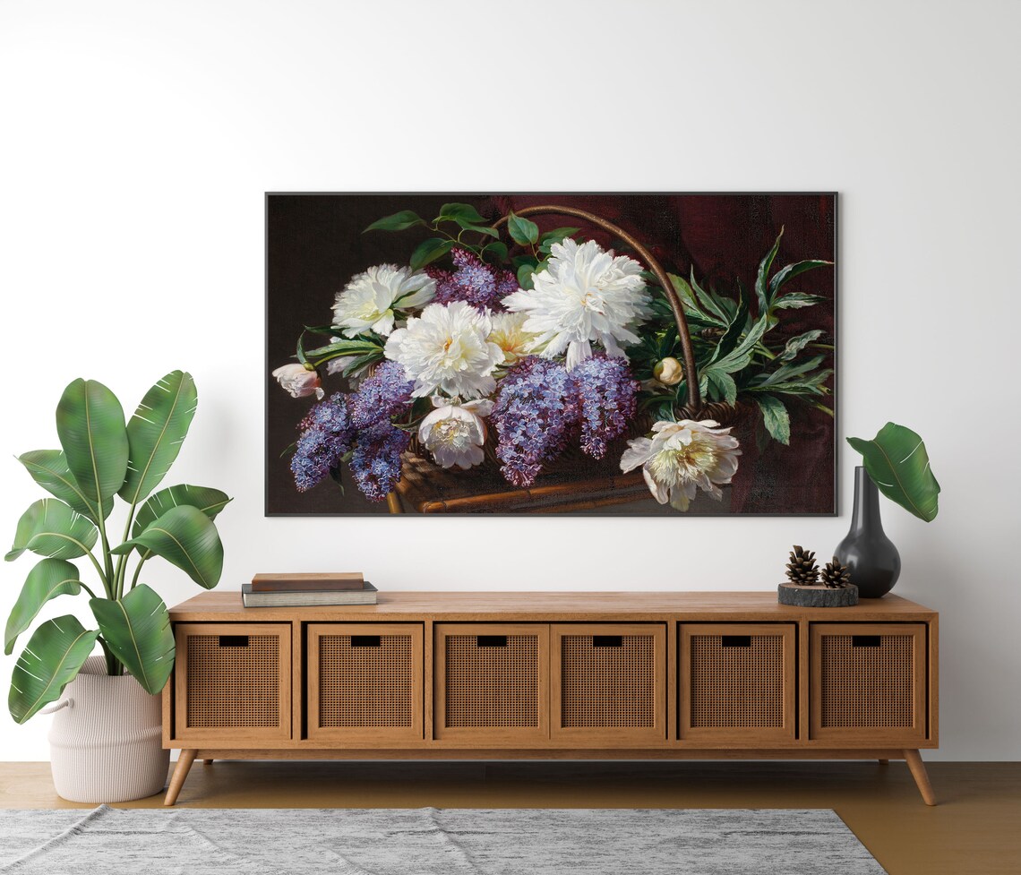 White Peonies and Purple Lilacs Vintage Basket Floral Oil Painting Poster - Image 4