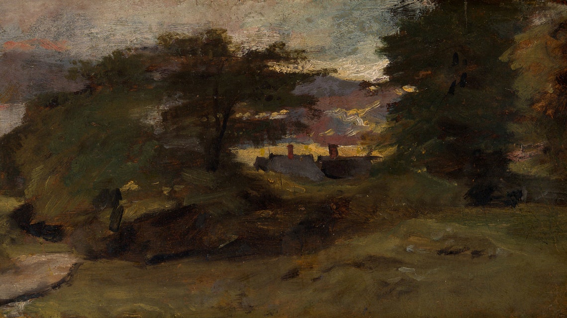 Rustic Village Landscape at Dusk with a Glowing Sunset Poster - Image 2