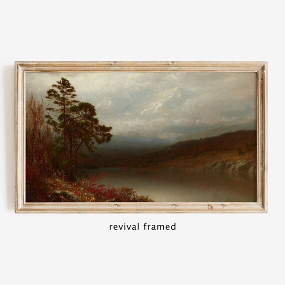 Autumn River Valley Pine Trees Misty Mountain Vintage Landscape Poster