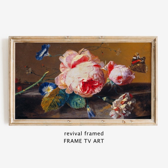 Frame Tv Art Roses Flowers Botanical Vintage Oil Painting Frame Tv Art Frame Tv Vintage Butterfly Artwork Large Art