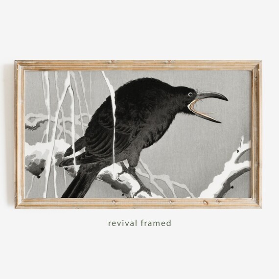Japanese Black Crow on a Snowy Branch Woodblock Style Poster