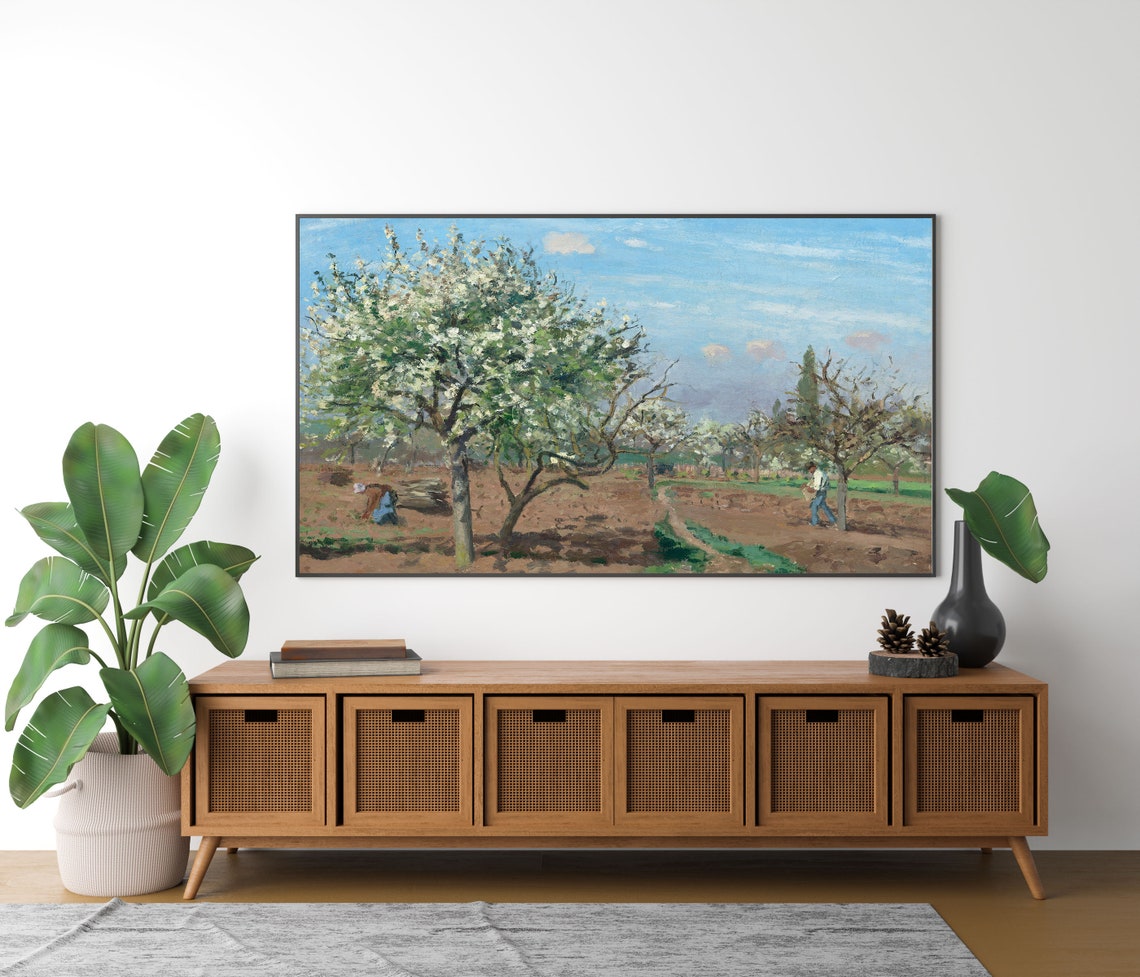 Blossoming Spring Orchard with Farm Workers Vintage Landscape Poster - Image 4